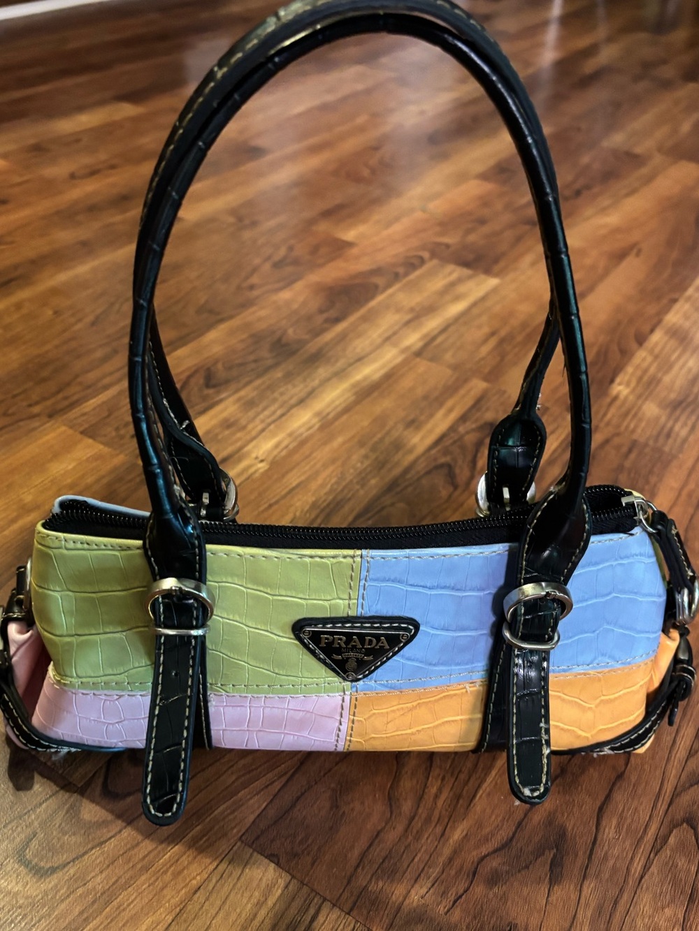 Patch Work Multicolor Croc-Embossed Faux Leather DblStrap Mini Shoulder Bag EUC